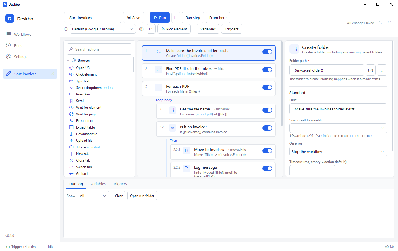 The Deskbo designer: a toolbox of actions on the left, the workflow "Sort invoices" with nested For each and If steps in the middle, and the property panel of the selected step on the right.