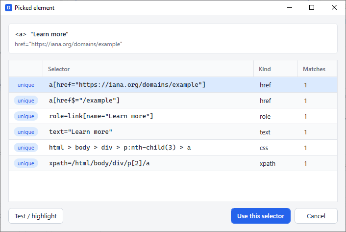 The Picked element dialog lists six selector candidates for a link, each marked unique with one match, and a Test / highlight button.