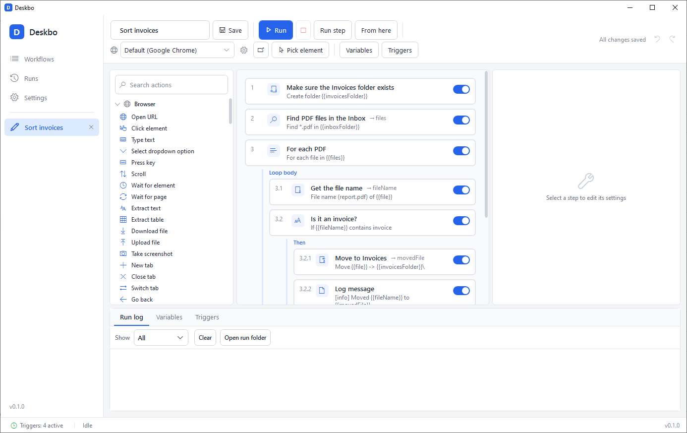 The Sort invoices workflow with a For each loop containing an If step, whose Then branch moves the file and logs a message.